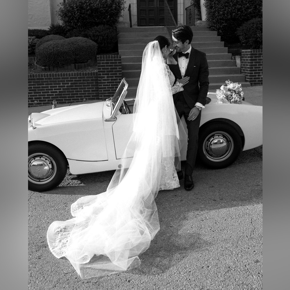 Cathedral wedding veil with blusher, light ivory